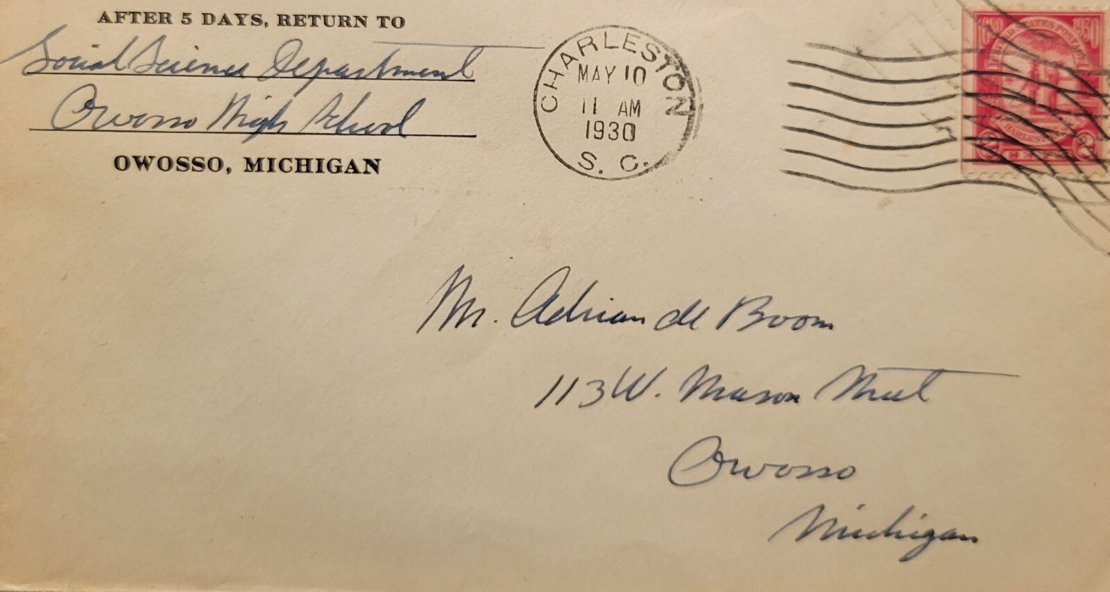Michigan Postmarks OWOSSO MICHIGAN 1930 Cover High School Science sc #683 Charleston SC ...