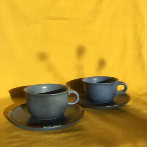 (2) Dansk Mesa Sky Blue Stoneware JAPAN Coffee Tea Cups Mugs with Saucers
