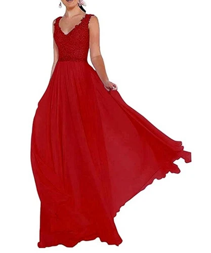 UK V-Neck Chiffon Lace Wedding Formal Ball Gown Long Bridesmaid Party Prom Dress - Picture 16 of 30