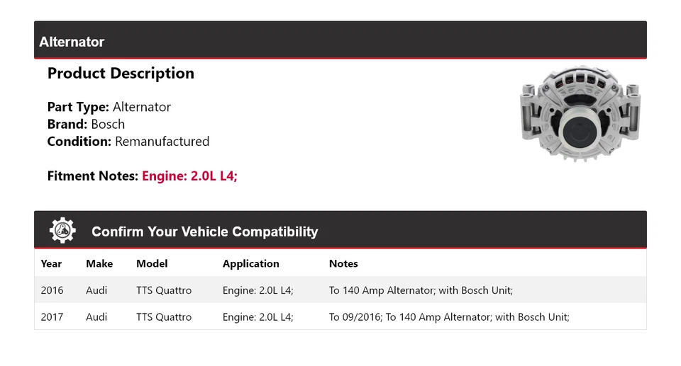For 2016-2017 Audi TTS Quattro 2.0L L4 Bosch Alternator (Remanufactured) - Image 2 of 4