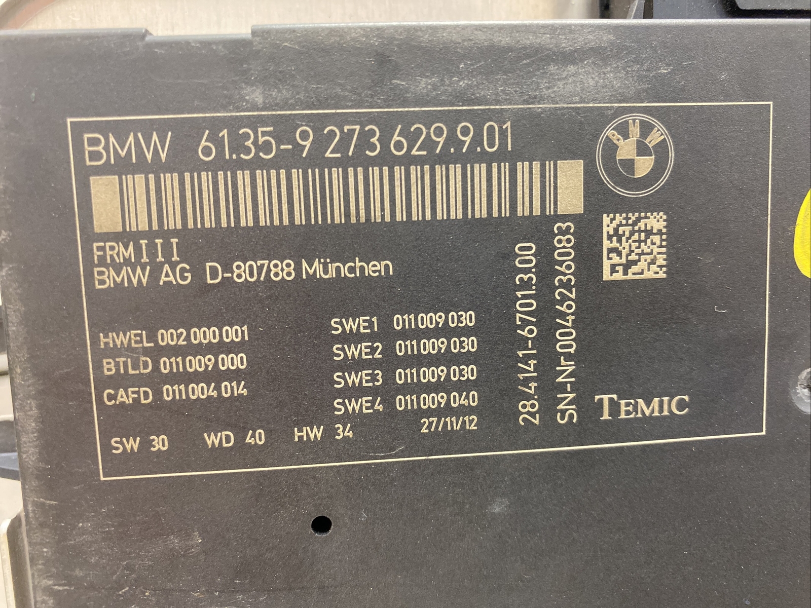 BMW 2013 528I F10 N20 LIGHT CONTROL MODULE FOOTWELL 61359273629901 