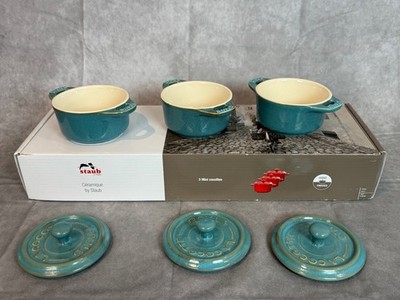Set 3 - Staub Mini TEAL Ceramic La Coquette  Round 10cm - NEW in Box