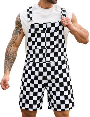 Checkered Bib Overalls for Men Jumpsuit Shorts Work Coveralls(Black and white...