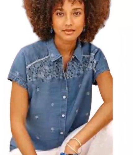 J. Jill size M Denim Chambray Floral Cap Sleeve Button Tencel Shirt Top Casual