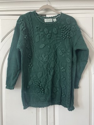 Colleen s collectibles Dark Green 3/4 Sleeve Floral Grape Pattern 3D Sweater