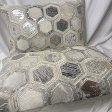 Luxury Ivory Silver Cowhide Leather Pillow 2 Down Handmade Southwest Rustic