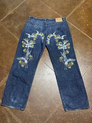 Very Rare EVISU Embroidered Japanese Crane Baggy Denim Jeans Size 39 X 30.5 READ