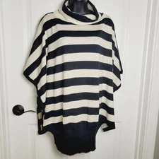 Planet Lauren G Sweater OS Black Stripe Knit Turtleneck Batwing Boxy Slouchy