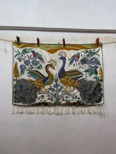 Vintage Fabulous Hand Silk Embroidered Kashmiri Chain Stitch Pictorial Rug