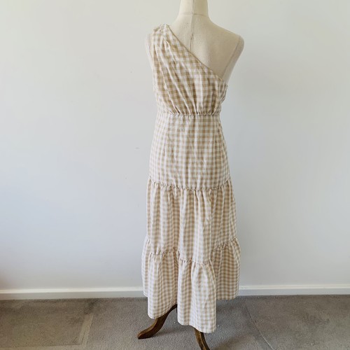 Jar Of Hearts Tan White Gingham Tiered Maxi Dress Size L One Shoulder - Picture 4 of 9