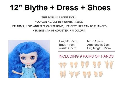 Blythe Puppe mit Kleid gepunktete Schuhe blaue Haare glänzendes Gesicht helle Haut zum Selbermachen Spielzeug Geschenk - Bild 16 von 24