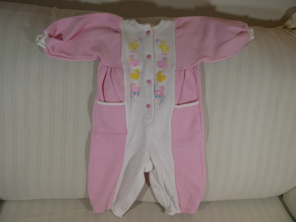 RARE Vintage Oshkosh Bgosh Pink White Fleece Romper 18M Baby Ducks Quack S1 - Image 2 of 4