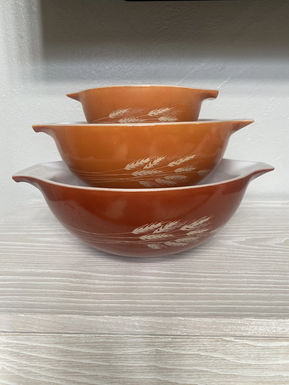 Set of 3 Vintage Pyrex Nesting Cinderella Mixing Bowls Autumn Harvest Wheat