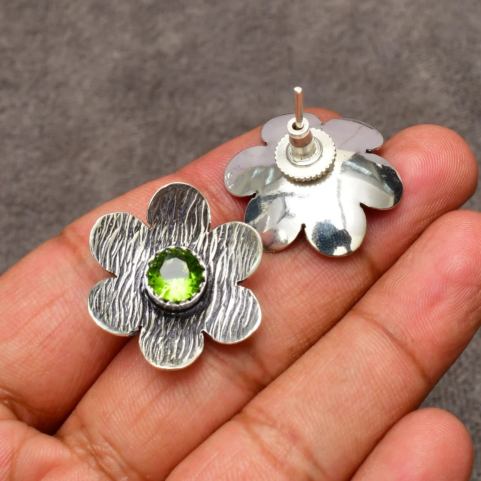 Green Peridot Earrings Gemstone Handmade 925 Sterling Silver Jewelry 0.75 in" - Image 4 of 4