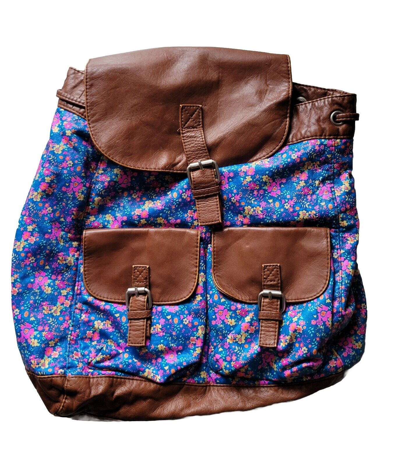 New Bongo Multicolor Floral PU Leather Trim Blue Brown Backpack Purse Bag NWT