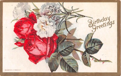 1910 Birthday Postcard - Red Roses & White Carnations-Satiny Textured Background