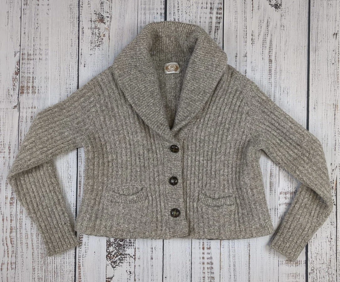 VTG Overland Sheepskin Cowl Cardigan Sweater Beige Cable Knit
