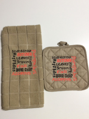 Kitchen Towel - Autumn/Fall Words in a Block Style on a Towel & Matching Hot Pad