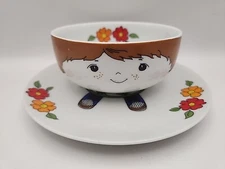 Vintage Interpur Children's Dish Set Farmer Boy Plate Bowl