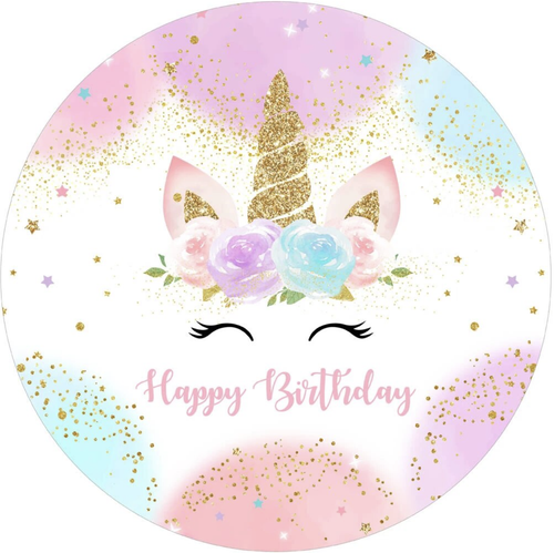 UNICORN ROSES STARS GOLD GLITTER PINK BLUE PURPLE PARTY ROUND BIRTHDAY BANNER - Picture 1 of 2