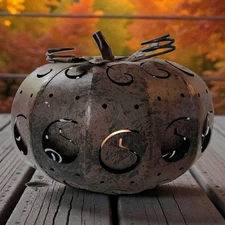 Lg Pumpkin Metal Oak Leaves Cutouts Candle Holder Fall Votive Tea Light 8"T EC 