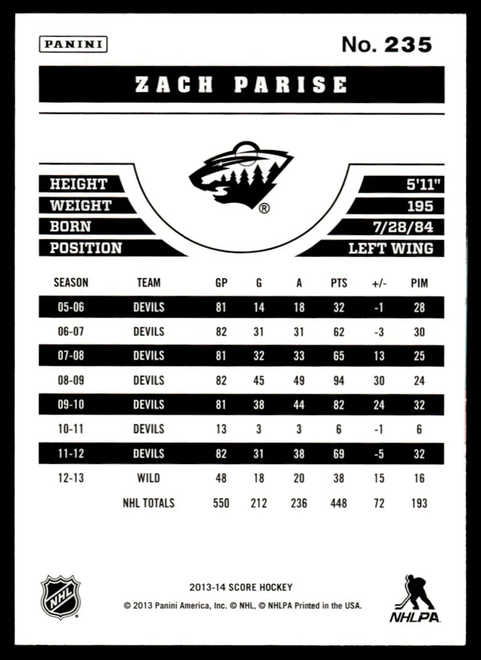 2013-14 Score Gold Zach Parise Minnesota Wild #235 - Image 2 of 2