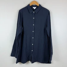 J. Jill Tunic Top Womens L Navy Textured Button Front Cotton Gauze Classic Shirt