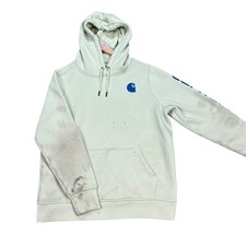 Carhartt Hoodie Boys Large 12-14 Cream Blue Relaxed Fit Pullover Work THRASHED