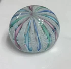 Murano Zanfirico Art Glass Paperweight Latticino Pink Blue Green Ribbons Vintage