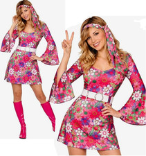Ladies Retro Go-Go Hippie Flower Print Women's Fancy Dress Costume Hippy