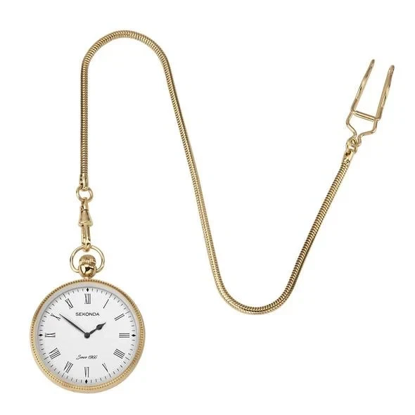 Nuevo reloj de bolsillo Sekonda cara abierta con cadena bonito esfera transparente y parte posterior lisa