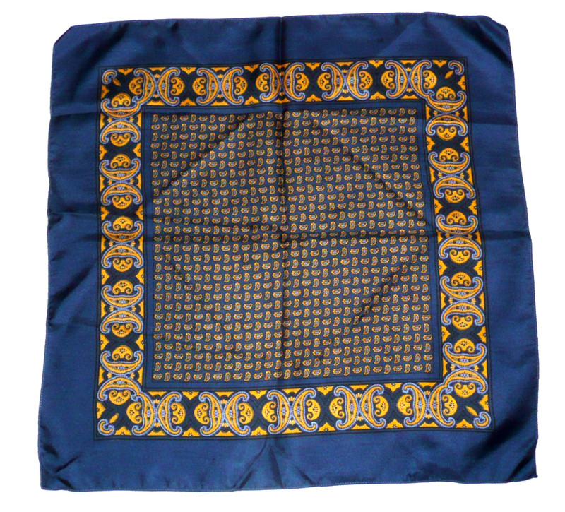 VTG ALL SILK POCKET SQUARE 17.5" X 17.5" MADE IN ENGLAND NAVY BLUE GOLD PAISLEY