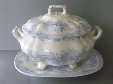 Antique Asiatic Pheasants Soup Tureen & Platter Stand: LARGE Blue White Transfer