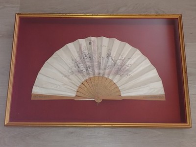 19th C Chinese Painted Lovers Garden On Silk Gilted Bamboo Folding Hand Fan Case