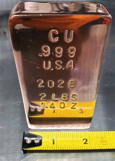 2 pound 1.4 oz Pound Solid Copper Bullion Bar .999 Pure Fine Hand Poured