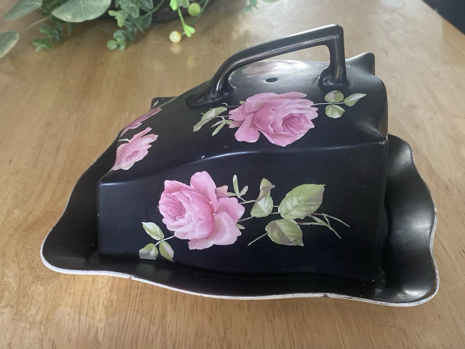 antique Crown Ducal chintz matt black pink roses covered cheese/butter dish