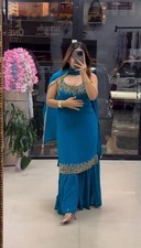 Classic Look Heavy Faux Georgette Sky Blue Top Palazzo With Dupatta For Wedding