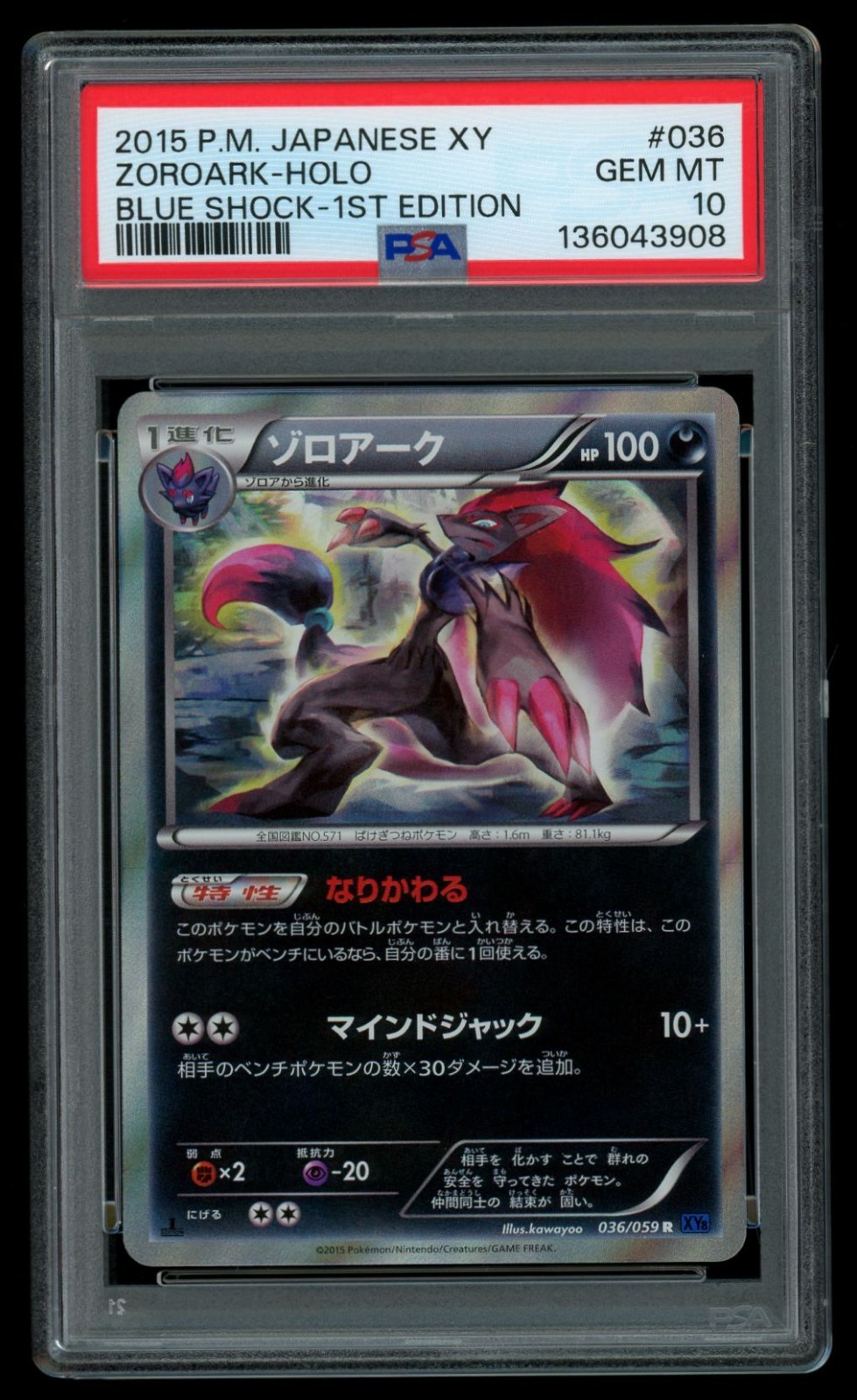 PSA 10 GEM MINT Pokemon Japanese Zoroark 036/059 R Blue Shock XY8 Holo 1ST ED