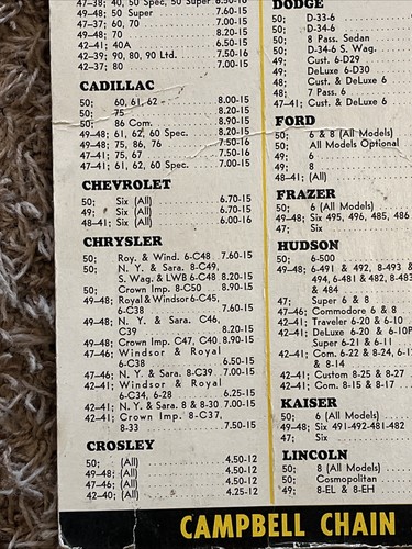 Insegna espositore tabella dimensioni pneumatici Campbell Chain Company vintage cartone 1950 - Foto 6 di 18