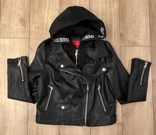 Guess Ceci Faux-Leather Moto Jacket Zip Out Jersey Hood-Women's S-Black-NWOT