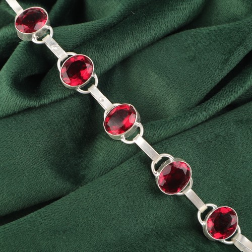 Oval Pink Rubellite Stone Daughter Bezel Boho Chain Bracelet 925 Sterling Silver