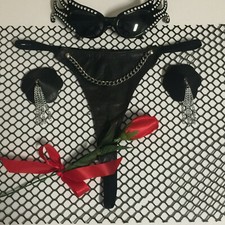 NWOT-BLACK GENUINE LEATHER HIGH CUT CHAIN G-STRING n LEATHER PASTIES SET-O/S