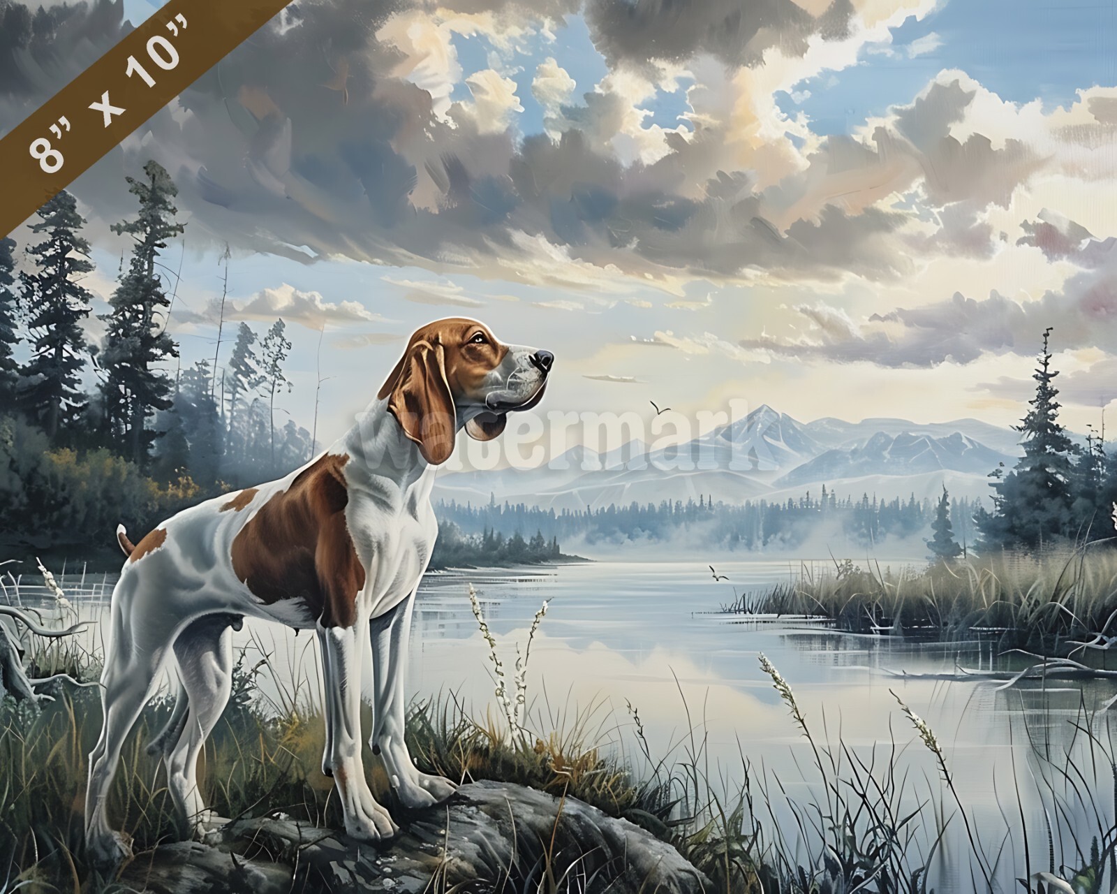 English Foxhound dog painting in a serene lakeside 8x10 Print