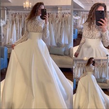 Elegant Muslim Wedding Dresses High Neck Lace Satin Sweep Train Bridal Gown
