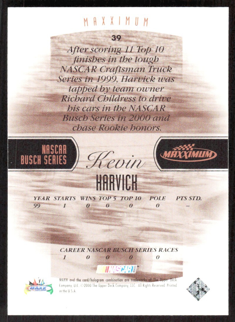 2000 395D Upper Deck Maxximum Kevin Harvick Richard Childress