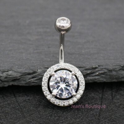 Halo Belly Button Navel Ring 925 Sterling Silver Crystal Piercing - A4519