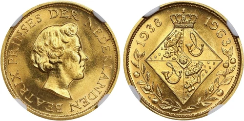 NETHERLANDS , PRINCESS BEATRIX 25TH GOLD MEDAL 1963 - NGC MS 66 , RARE1