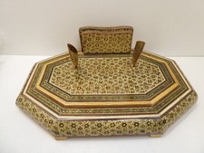 EASTERN / KHATAM STYLE INLAID LACQUERED DESK SET PEN STAND LETTER RACK