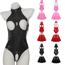Women 2Piece Latex Lingerie Set Sexy Cutout Bodysuit with Miniskirts Outfits