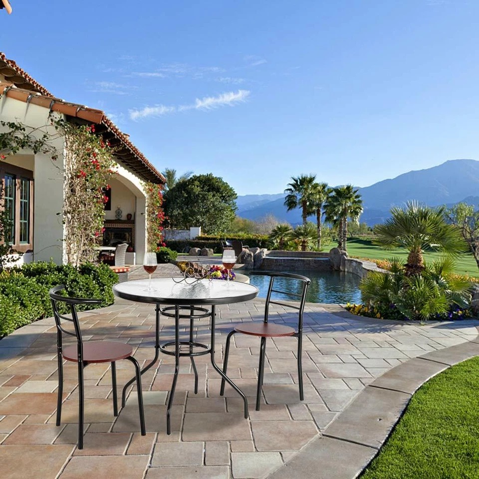 Mesa de patio exterior de 32" redonda con marco de acero y tapa de vidrio templado mesa de centro para eventos Foto 2 de 4